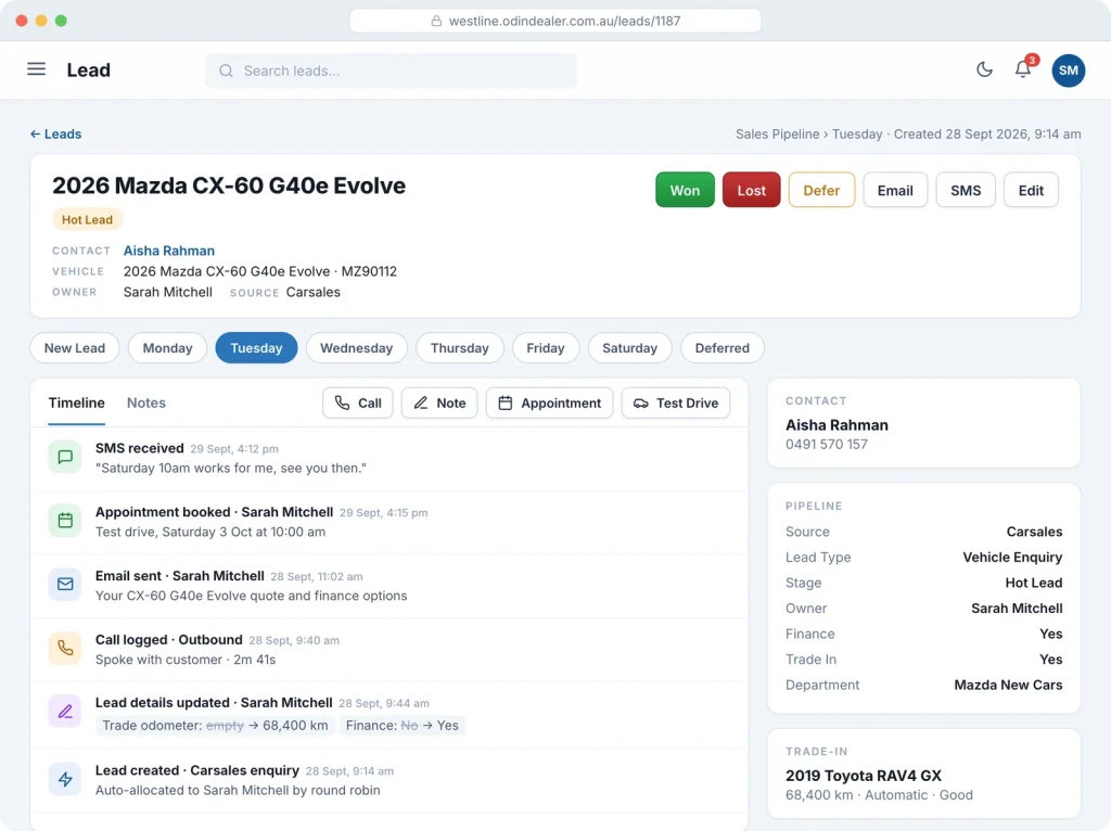 An Odin lead record with the full timeline of calls, SMS, emails and test drives