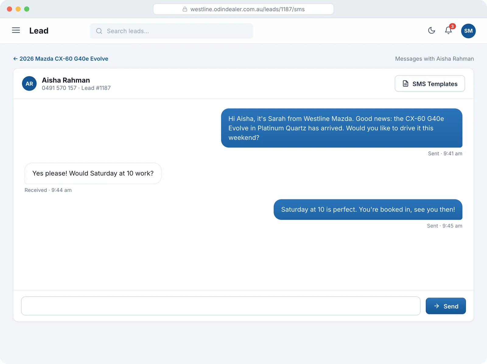 Two-way SMS inside an Odin lead