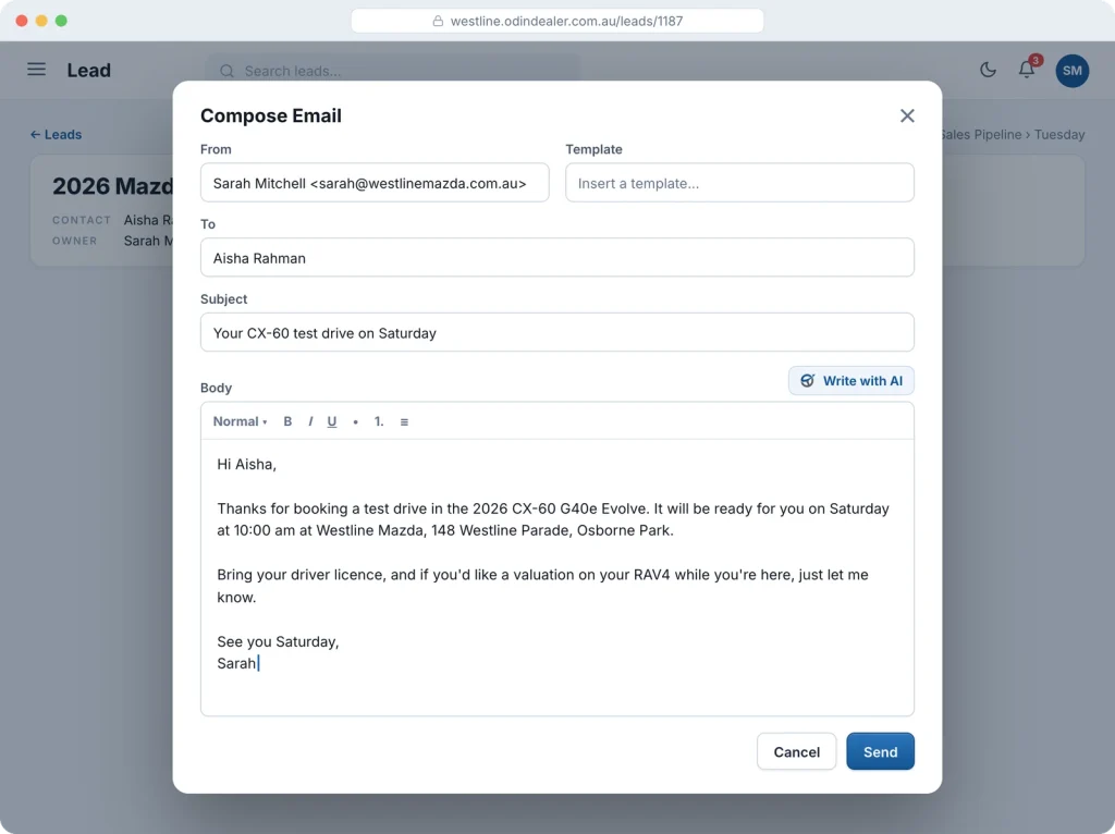 Writing an email with AI inside Odin