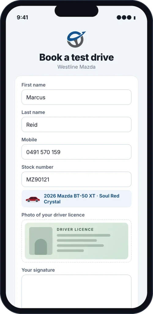 A test drive form on a consultant's phone, with licence photo and signature