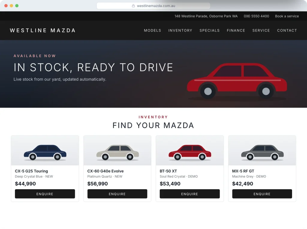 A Mazda dealer website showing live stock from Odin